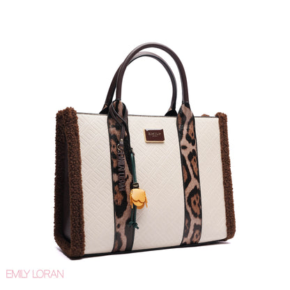 ELEGANT ZEBRA PRINT TOTE BAG WITH FLOWER CHARM - LARGE