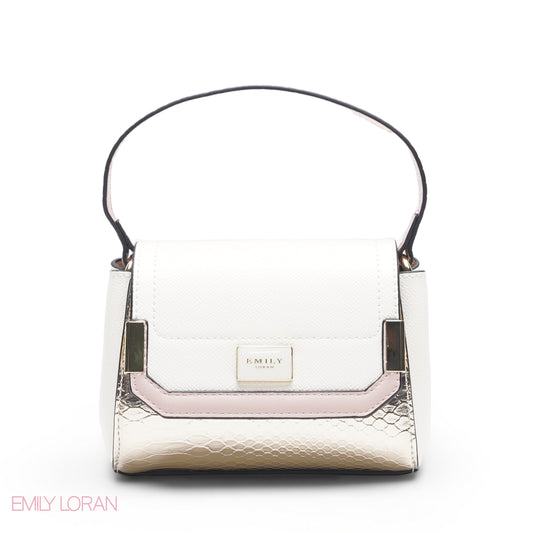 MINI WHITE SOLID FLAP BAG WITH GOLD METAL STRAP