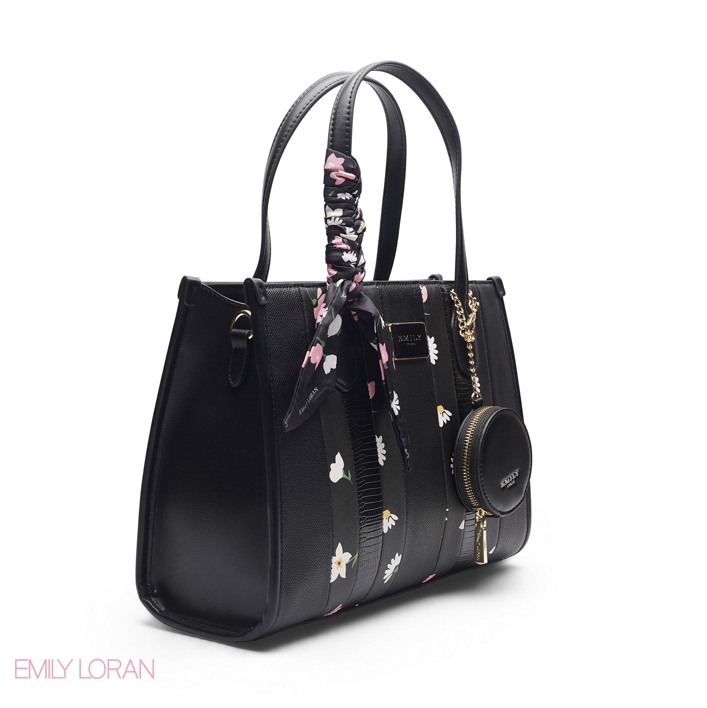 BLACK FLORAL TOTE WITH CIRCULAR POUCH - LARGE