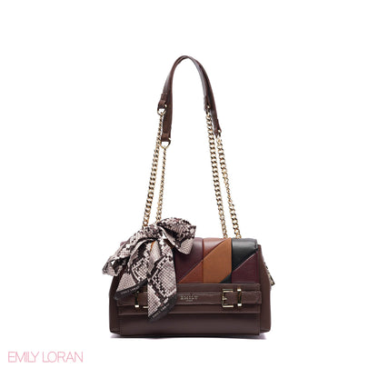 ELEGANT LEATHER SHOULDER BAG  WITH SCARF CHAIN STRAP - SMALL