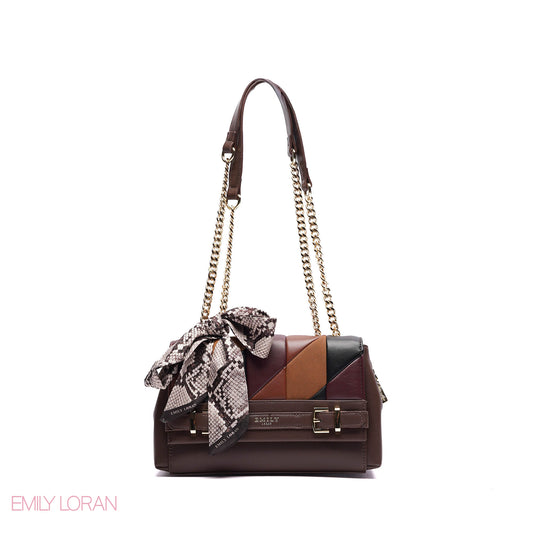 ELEGANT LEATHER SHOULDER BAG  WITH SCARF CHAIN STRAP - SMALL