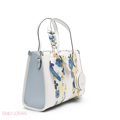 WHITE TOTE WITH BLUE & YELLOW ACCENTS - LARGE