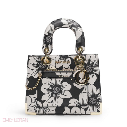 BLACK & WHITE FLORAL LADY TOTE WITH POUCH
