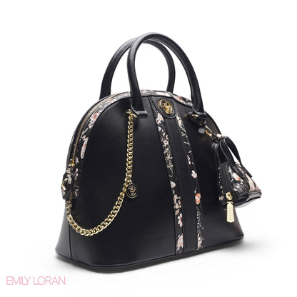 BLACK DOME BAG WITH PINK FLORAL PRINT - LARGE