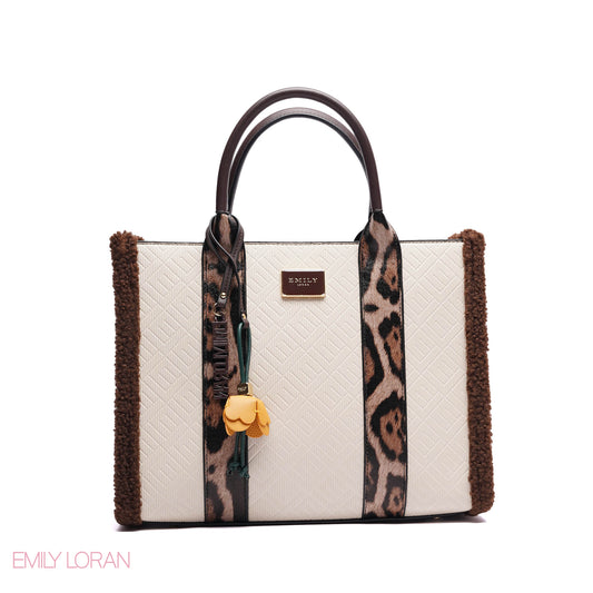 ELEGANT ZEBRA PRINT TOTE BAG WITH FLOWER CHARM - LARGE