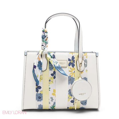 WHITE TOTE WITH BLUE & YELLOW ACCENTS - LARGE
