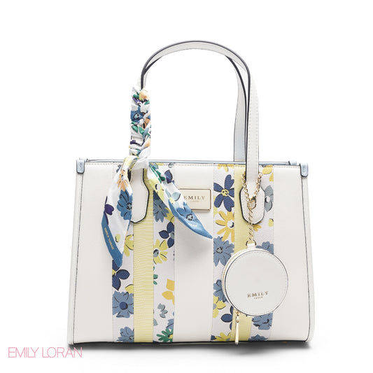 WHITE TOTE WITH BLUE & YELLOW ACCENTS - LARGE