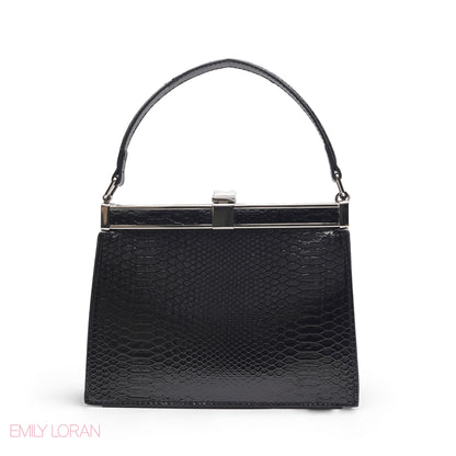EMILY SOLID BLACK SNAKESKIN FRAME BAG WITH MINI POUCH - MED