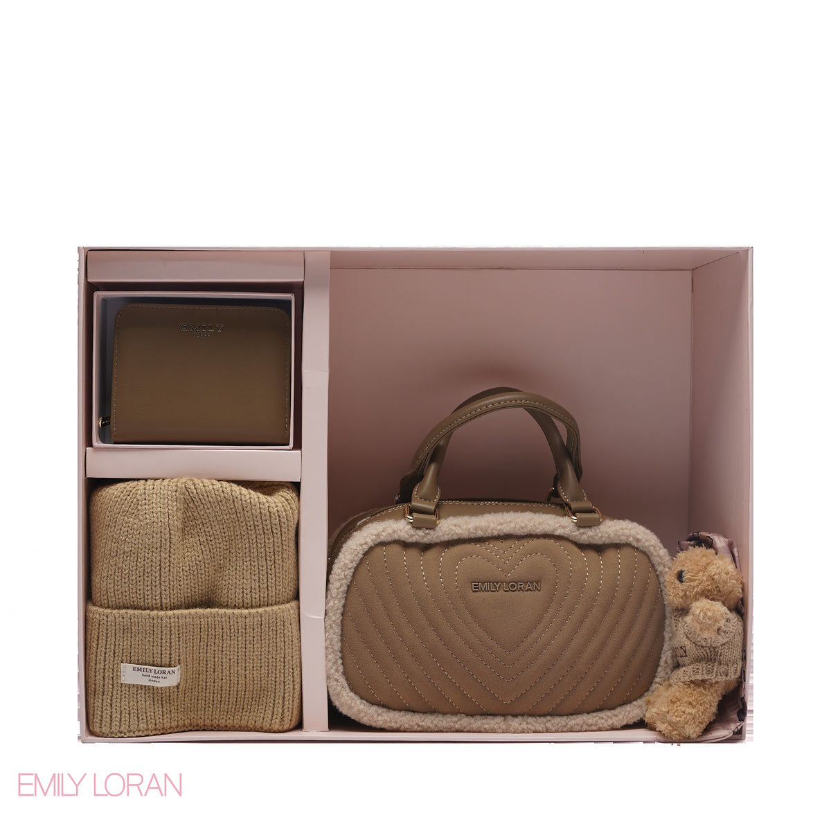 ELEGANT QUILTED HEART BAG SET WITH WALLET AND BEANIE