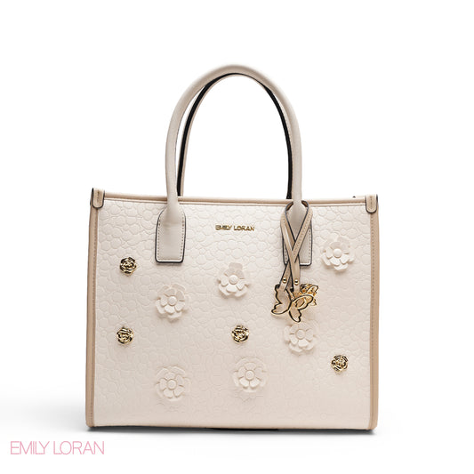 EMBOSSED METALLIC FLORAL TOP HANDLE TOTE BAG