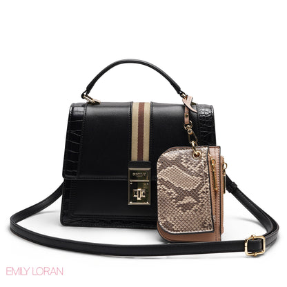 CHIC STRIPED SATCHEL WITH SNAKE PRINT POUCH BAG