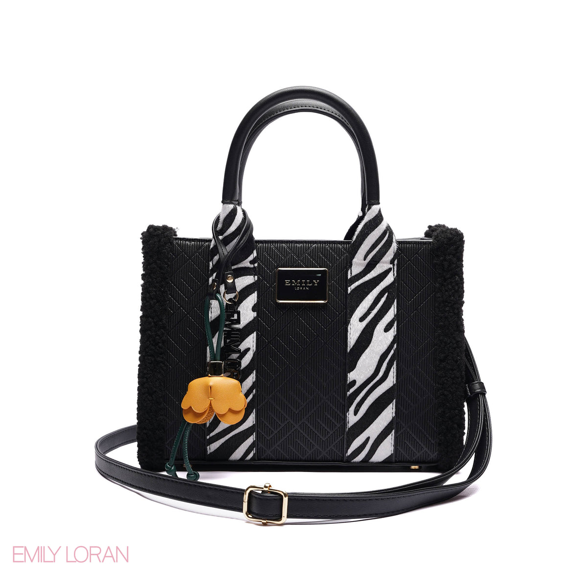 ELEGANT ZEBRA PRINT TOTE BAG WITH FLOWER CHARM - SMALL