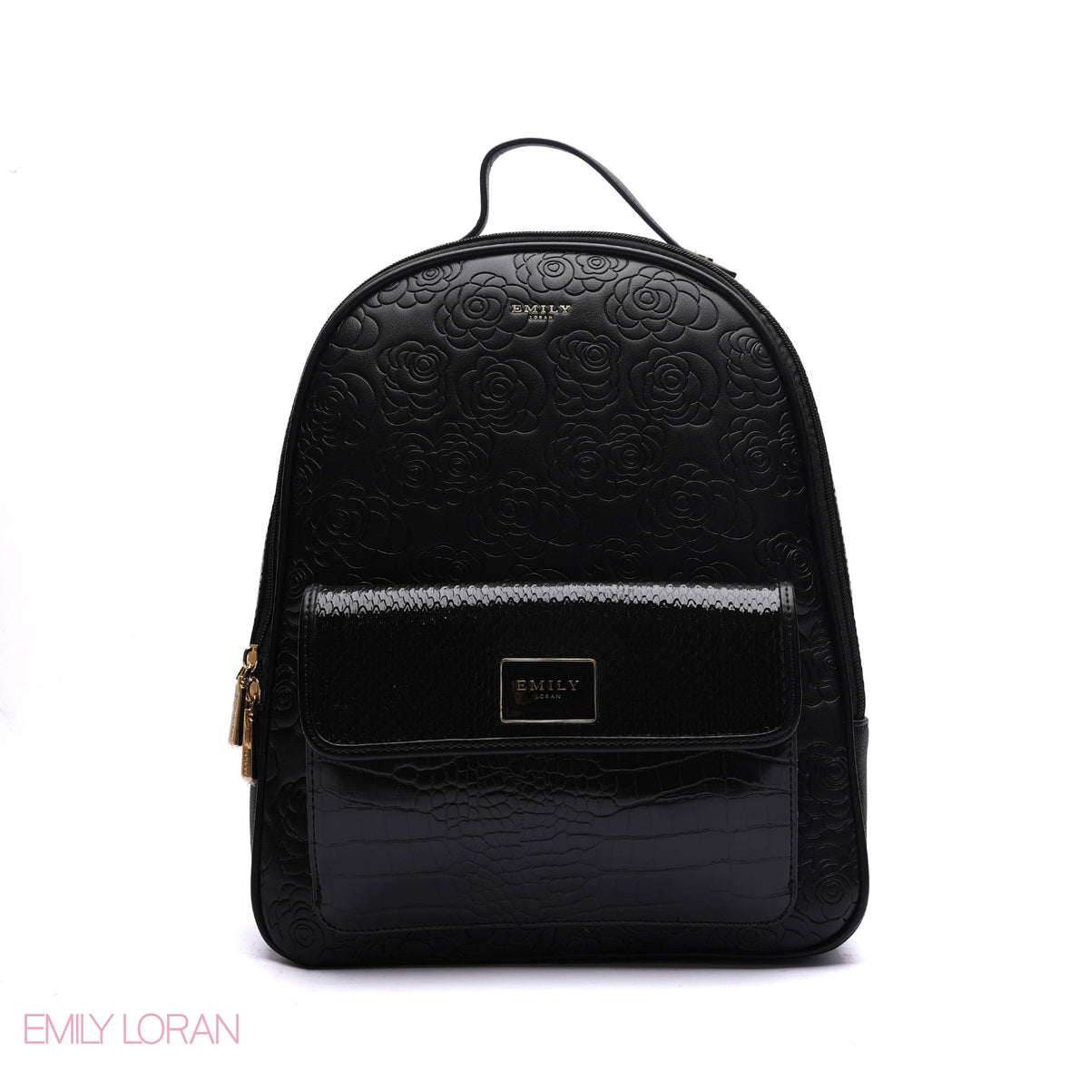 BACKPACK BLACK WITH FLOWERS PATTERNS AND CROC FRONT POCKET LEATHER