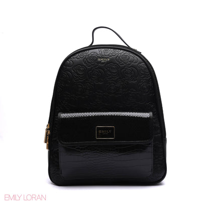 BACKPACK BLACK WITH FLOWERS PATTERNS AND CROC FRONT POCKET LEATHER