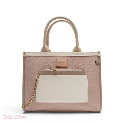 EMBOSSED ROSE TOTE WITH BRANDED STRAP BAG