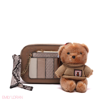 STYLISH PATCHWORK CAMERA BAG SET WITH PLUSH TEDDY CHARM