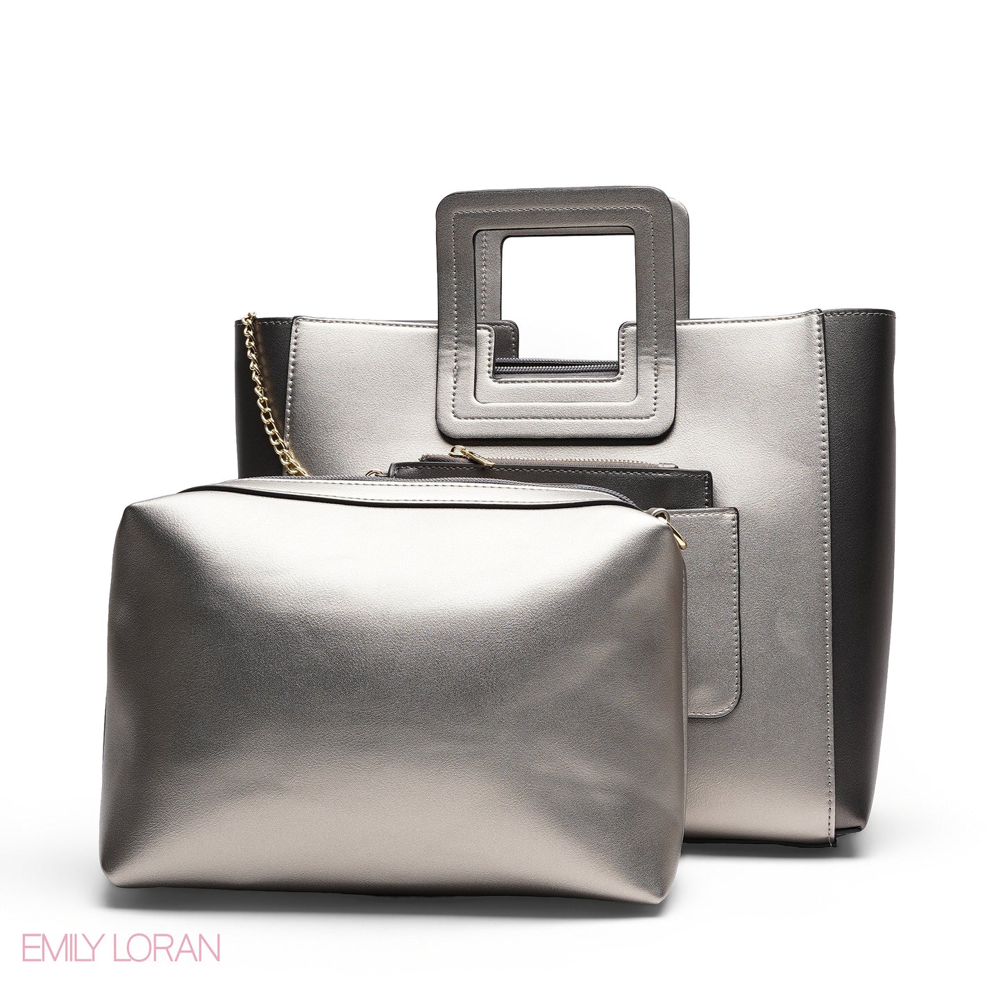 SILVER TEXTURED LEATHER TOTE AND POUCH BAG