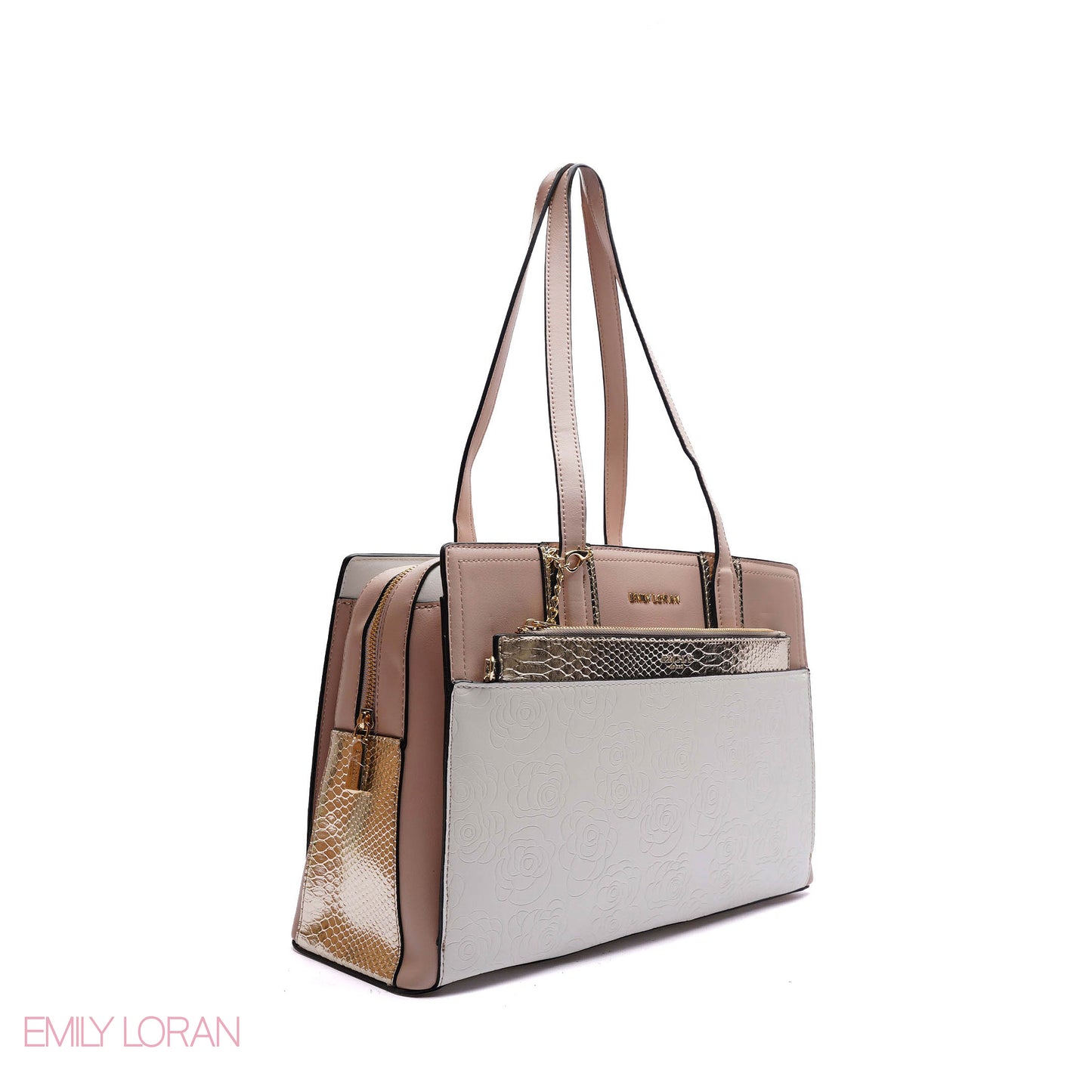 EMBOSSED FLORAL HANDBAG WITH SNAKESKIN POUCH