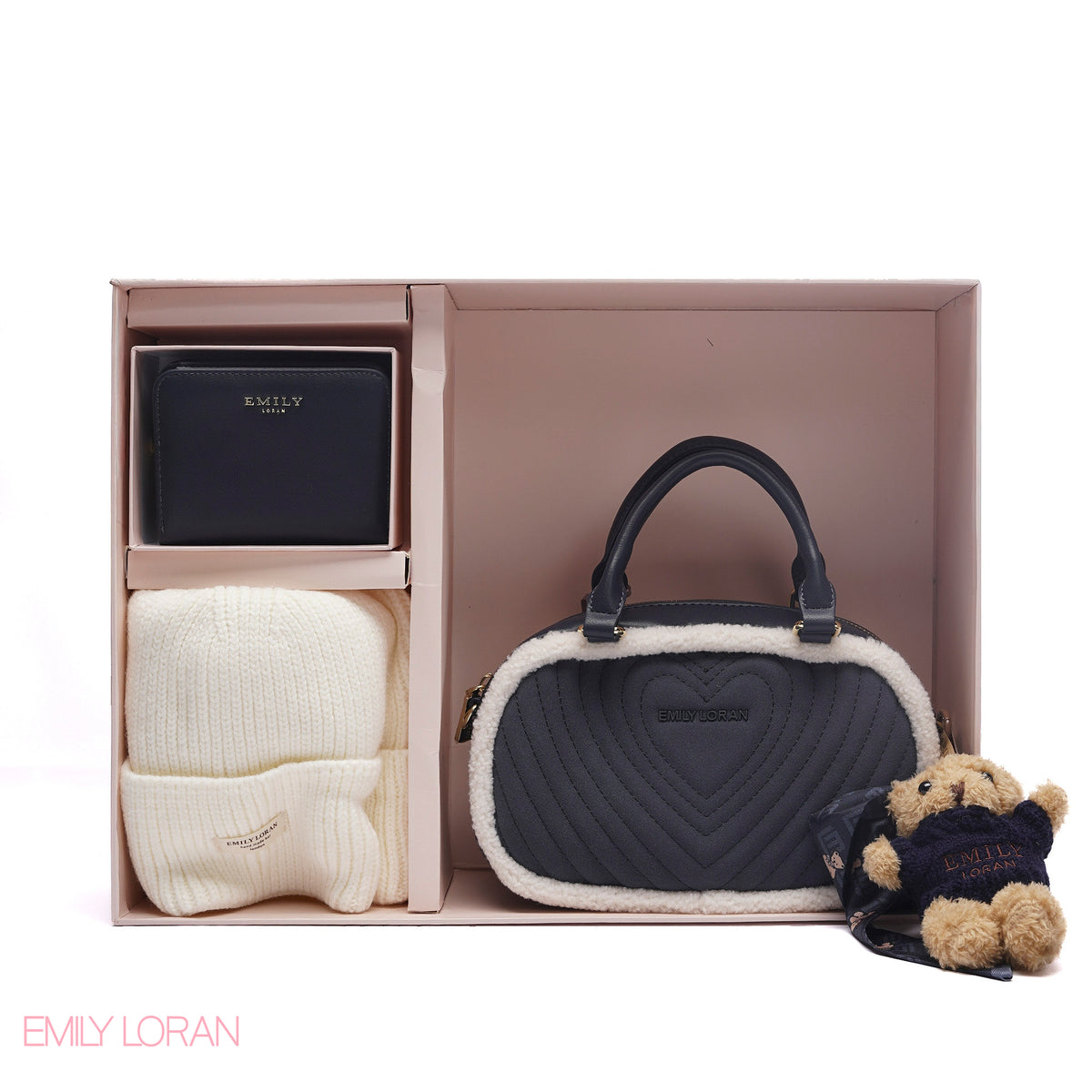 ELEGANT QUILTED HEART BAG SET WITH WALLET AND BEANIE