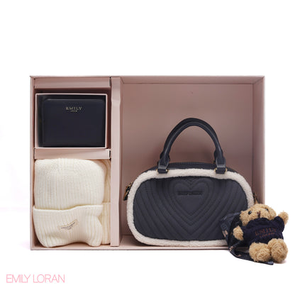 ELEGANT QUILTED HEART BAG SET WITH WALLET AND BEANIE