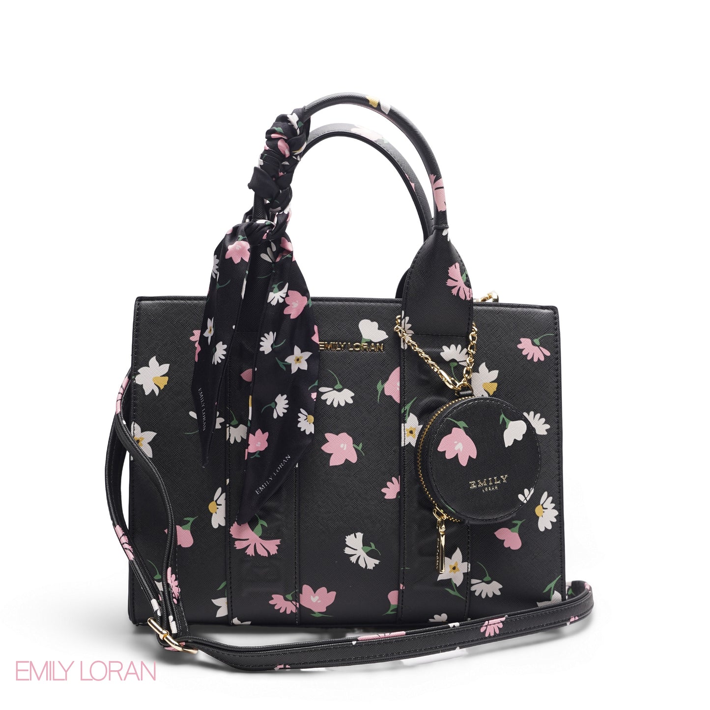 FLORAL PRINT SCARF BLACK TOTE BAG - LARGE