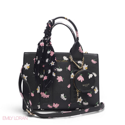 FLORAL PRINT SCARF BLACK TOTE BAG - LARGE
