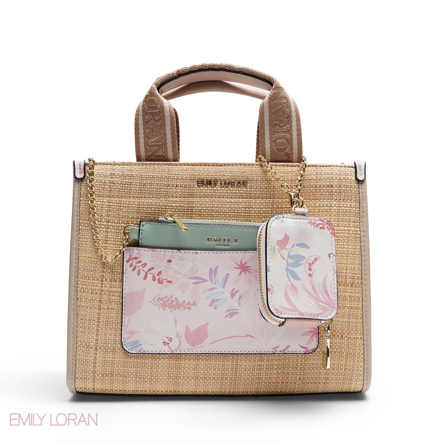 STRUCTURED BAG WITH BRANDED HANDLES AND FLORAL POUCH