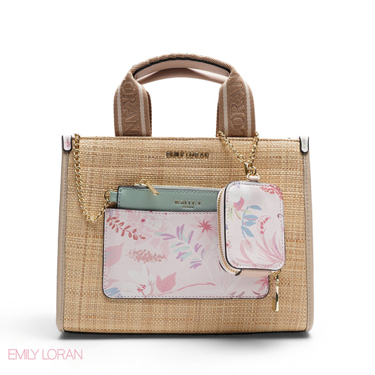 STRUCTURED BAG WITH BRANDED HANDLES AND FLORAL POUCH