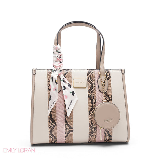 BEIGE & PINK SNAKESKIN TOTE WITH POUCH - LARGE