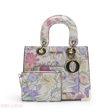 WHITE FLORAL LADY TOTE WITH POUCH