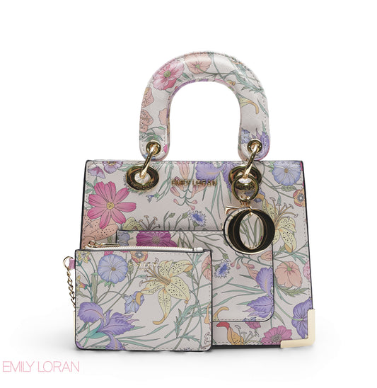 WHITE FLORAL LADY TOTE WITH POUCH