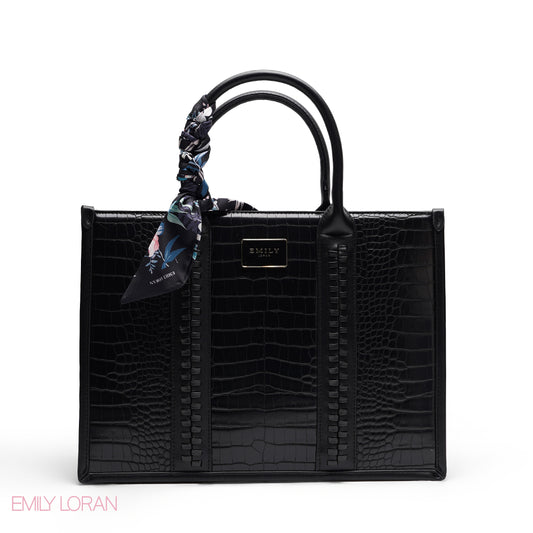 BLACK TOTE BAG WITH SCARF AND POCKET