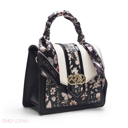 BLACK SATCHEL WITH FLORAL SCARF
