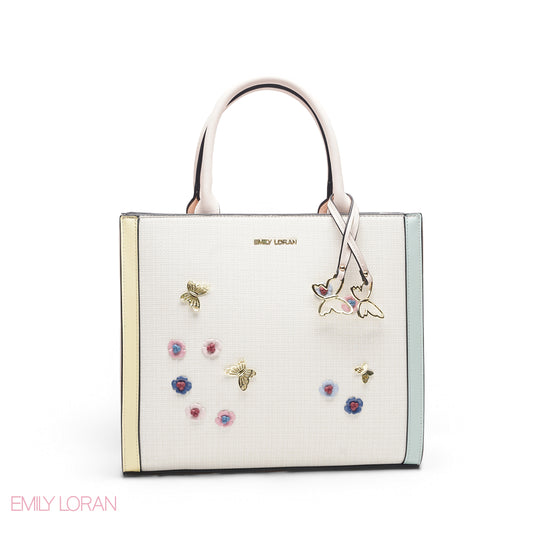 MULTI COLOR SQUARE TOTE WITH FLORAL APPLIQUÉS - LARGE