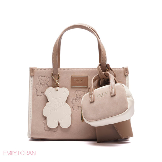 TEDDY BEAR HANDBAG CLOTH WITH SMALL POUCH , MINI WALLET AND TEDDY CHARM - SMALL