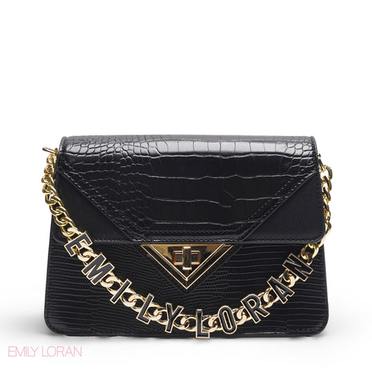 EMILY LORAN SOLID BLACK CROCODILE ENVELOPE BAG - MED