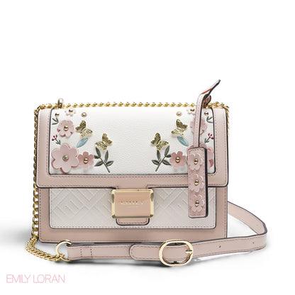 EMILY 3D FLORAL APPLIQUÉ CROSSBODY BAG - WHITE & BABY PINK