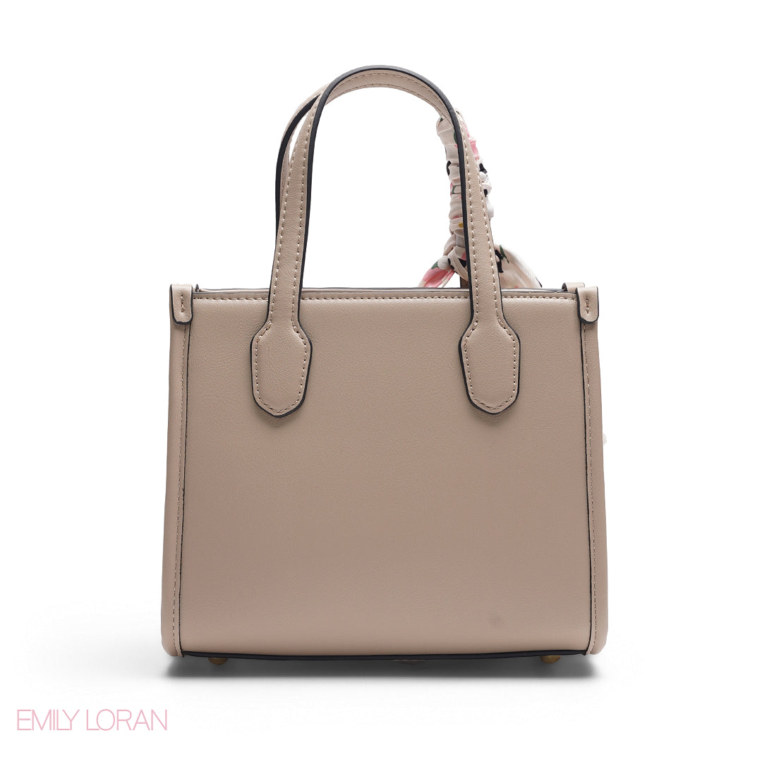 BEIGE FLORAL TOTE WITH PINK DETAILS - SMALL