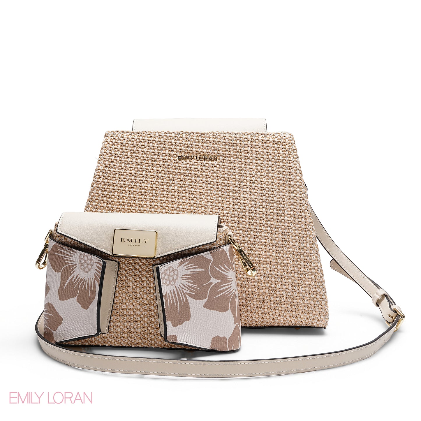 STYLISH WOVEN TOP HANDLE TOTE WITH FLORAL POUCH BAG