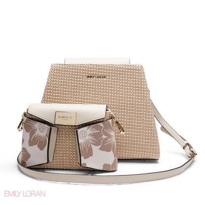 STYLISH WOVEN TOP HANDLE TOTE WITH FLORAL POUCH BAG