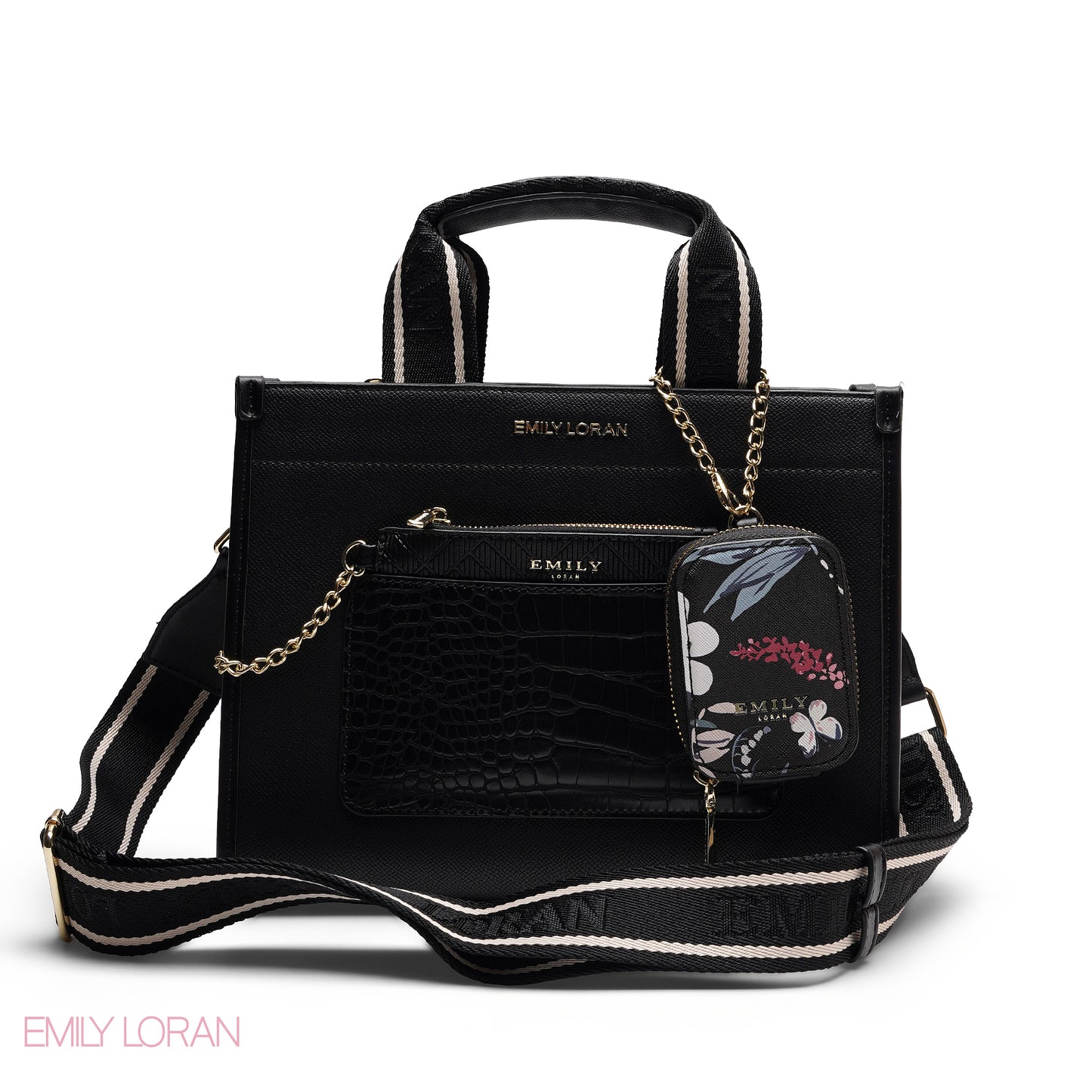 STRUCTURED BAG WITH BRANDED HANDLES AND FLORAL POUCH