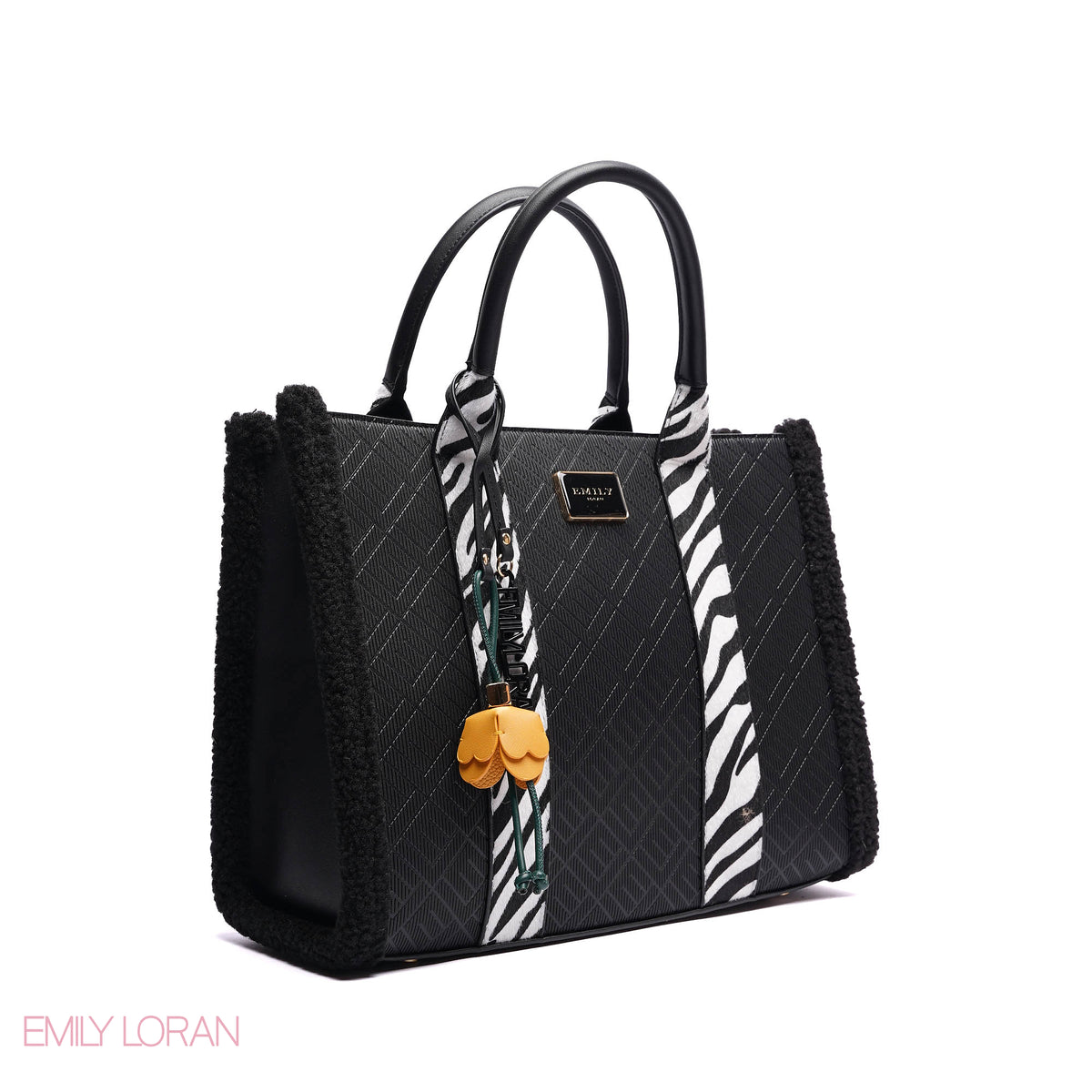 ELEGANT ZEBRA PRINT TOTE BAG WITH FLOWER CHARM - LARGE