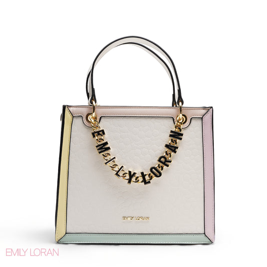 ELEGANT EMBOSSED SQUARE TOTE WITH BRANDED CHAIN BAG