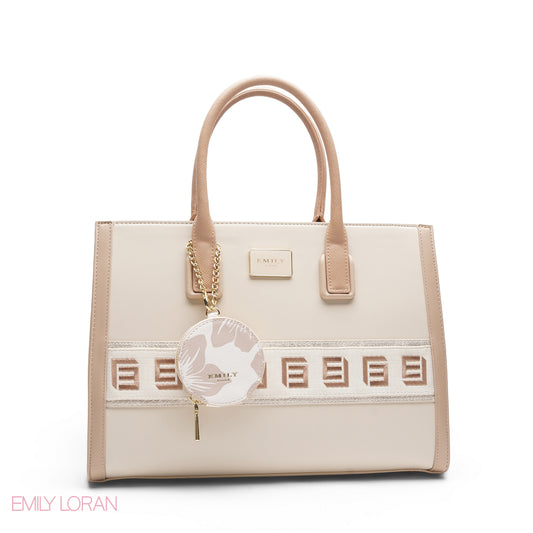 BEIGE SOLID TOTE WITH STRAP & ROUND POUCH - LARGE