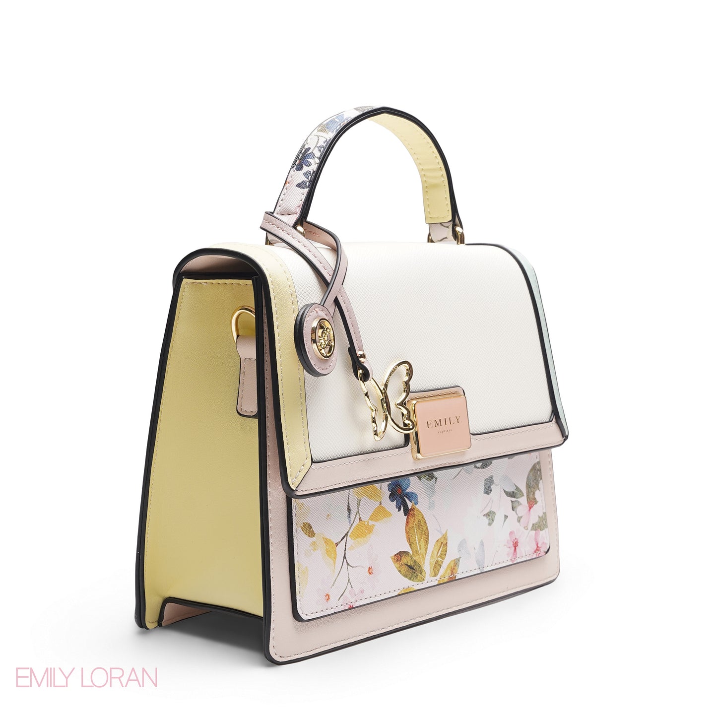 EMILY MULTI-COLOUR PASTEL FLORAL SATCHEL BAG WITH BUTTERFLY CHARM - MED