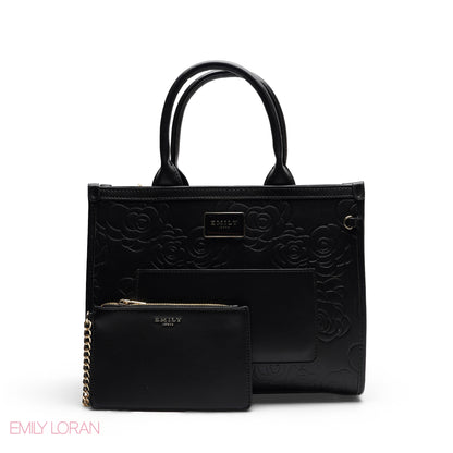 EMBOSSED ROSE TOTE WITH BRANDED STRAP BAG - MEDIUM