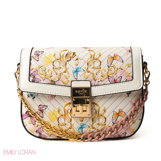 WHITE BUTTERFLY PRINTED CROSS BAG WITH SIMPLE BUFF DESIGN - SMALL