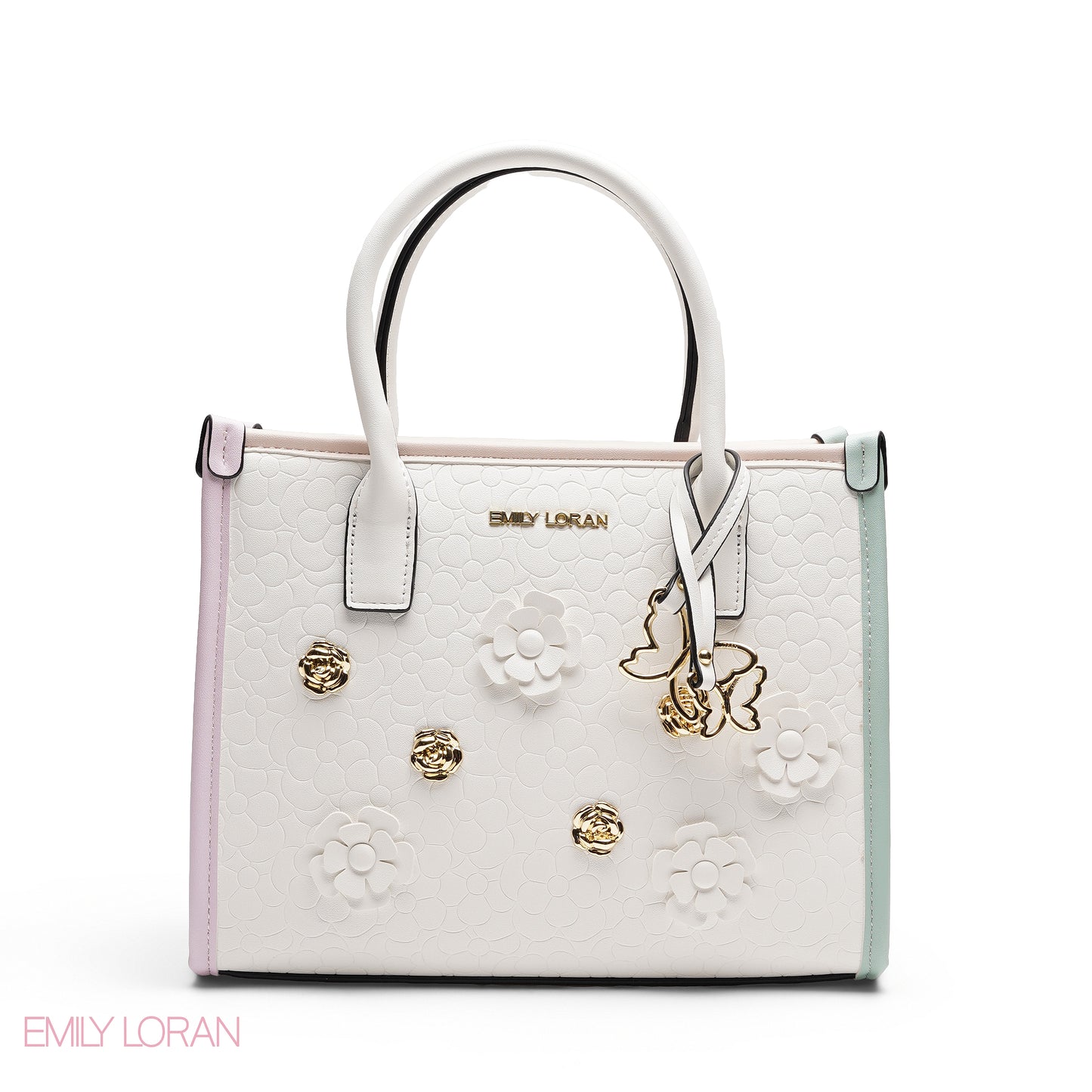 EMBOSSED METALLIC FLORAL TOP HANDLE TOTE BAG - LARGE
