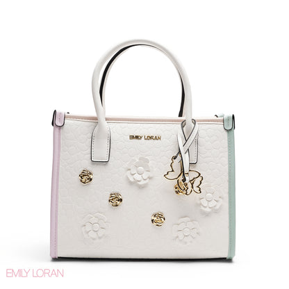 EMBOSSED METALLIC FLORAL TOP HANDLE TOTE BAG - LARGE