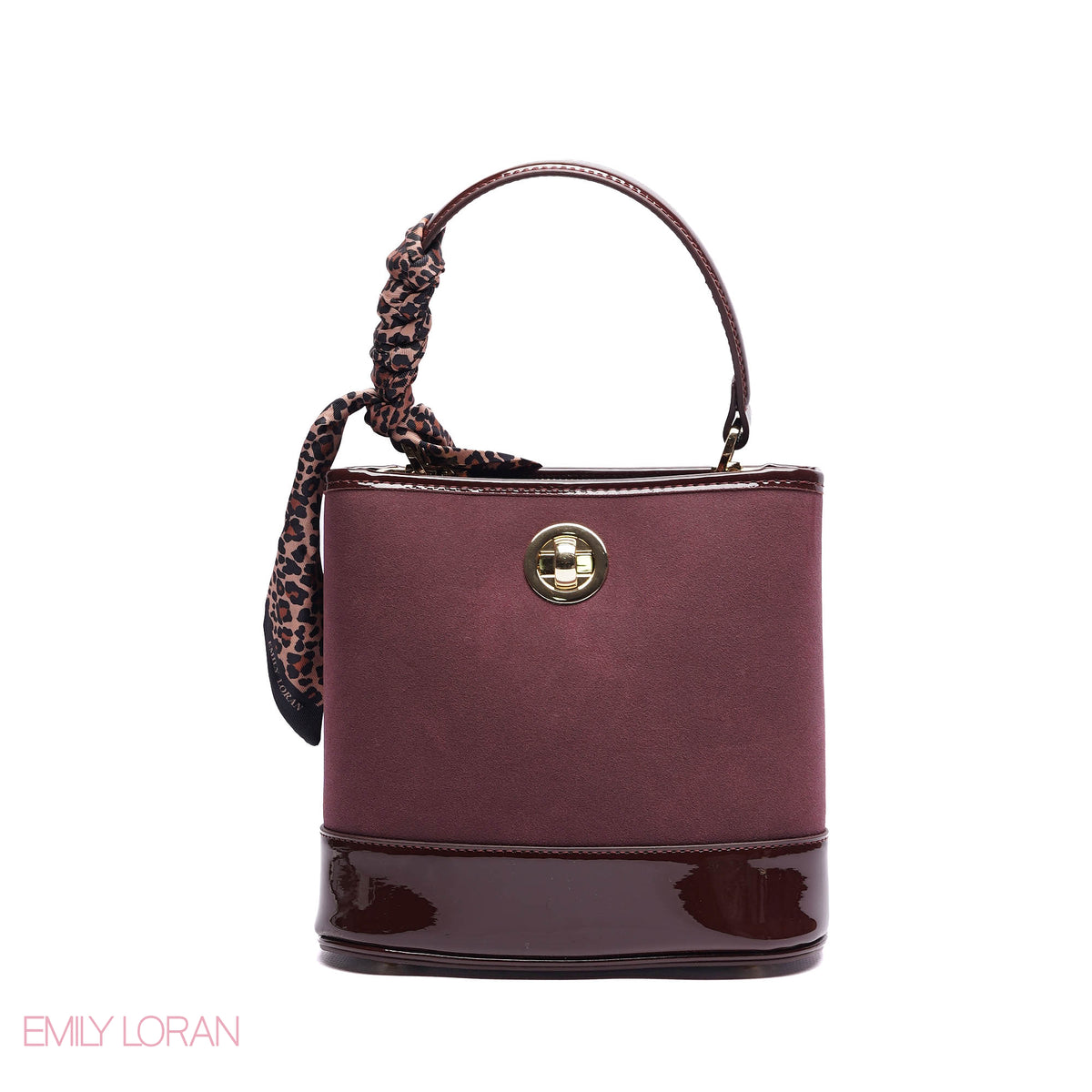 ELEGANT PATENT SUEDE BUCKET BAG WITH LEOPARD SCARF - SMALL